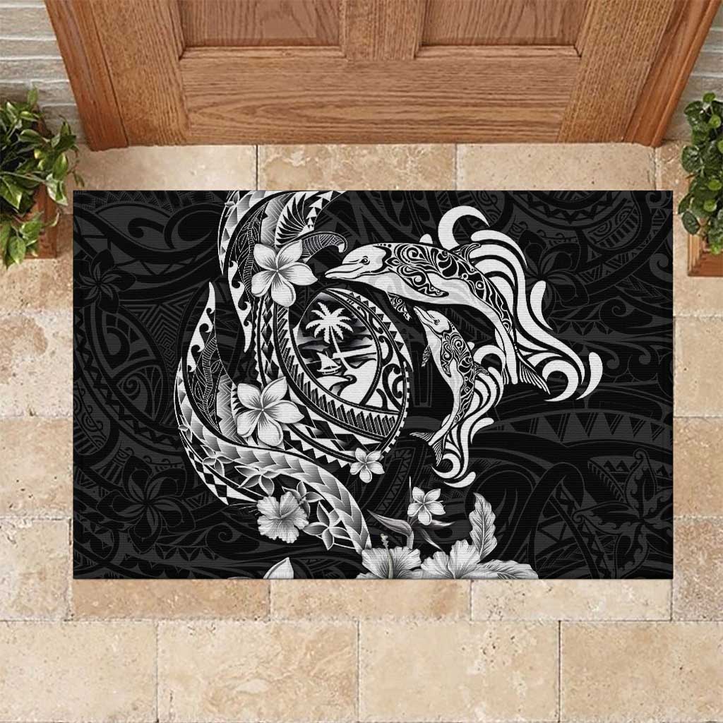 Guam Dolphins Tribal Tattoo Rubber Doormat Polynesian Art and Tropical Flower Grayscale LT03 Black - Polynesian Pride