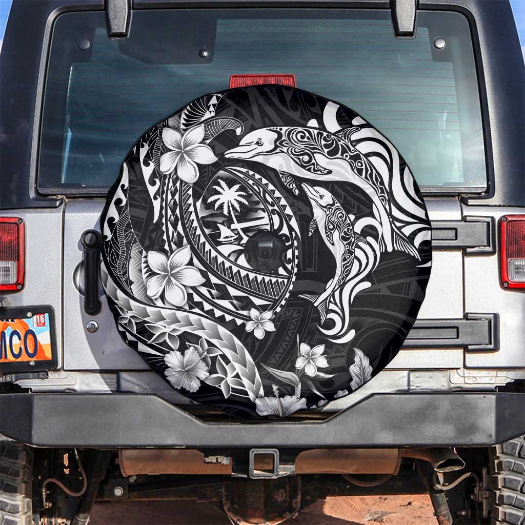 Guam Dolphins Tribal Tattoo Spare Tire Cover Polynesian Art and Tropical Flower Grayscale LT03 Black - Polynesian Pride