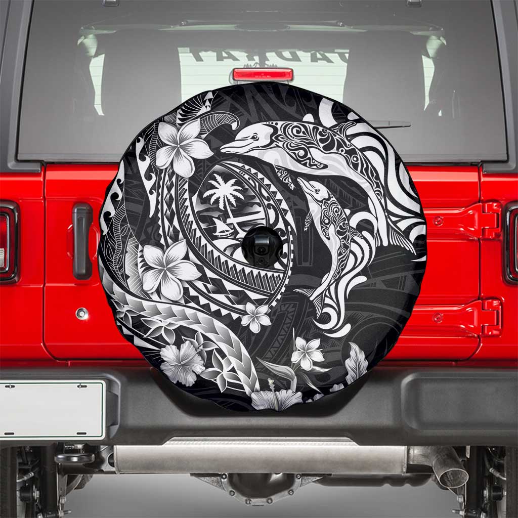 Guam Dolphins Tribal Tattoo Spare Tire Cover Polynesian Art and Tropical Flower Grayscale LT03 - Polynesian Pride