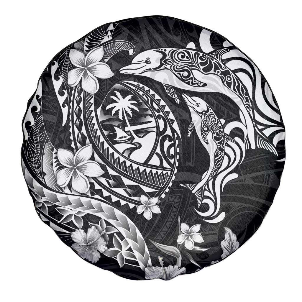 Guam Dolphins Tribal Tattoo Spare Tire Cover Polynesian Art and Tropical Flower Grayscale LT03 - Polynesian Pride