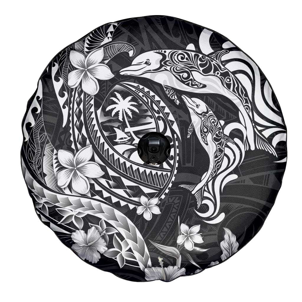 Guam Dolphins Tribal Tattoo Spare Tire Cover Polynesian Art and Tropical Flower Grayscale LT03 - Polynesian Pride