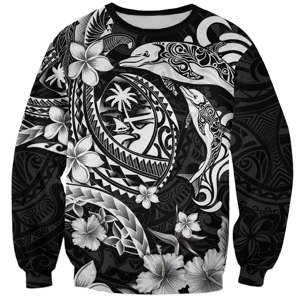 Guam Dolphins Tribal Tattoo Sweatshirt Polynesian Art and Tropical Flower Grayscale LT03 Unisex Black - Polynesian Pride