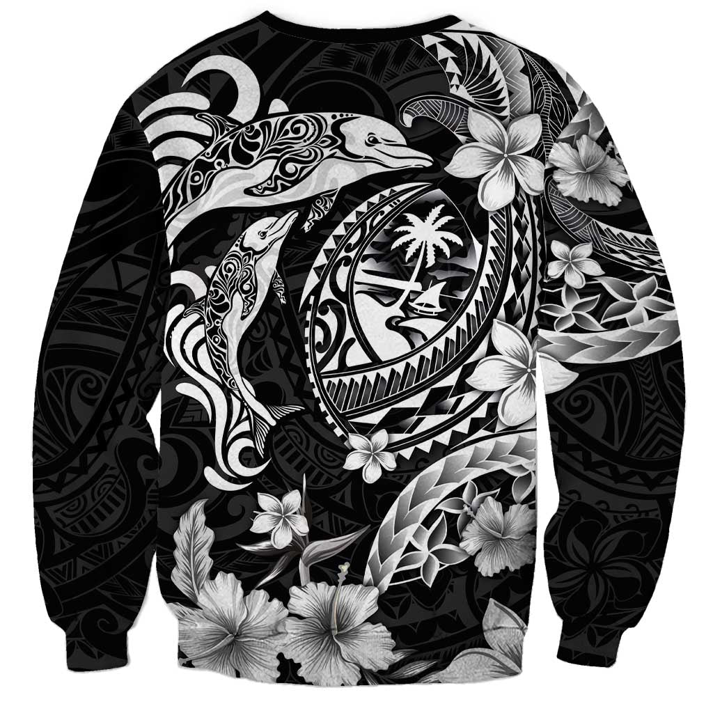 Guam Dolphins Tribal Tattoo Sweatshirt Polynesian Art and Tropical Flower Grayscale LT03 - Polynesian Pride