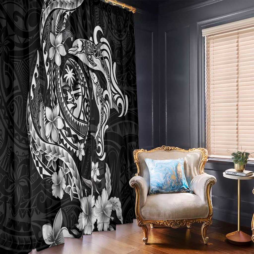 Guam Dolphins Tribal Tattoo Window Curtain Polynesian Art and Tropical Flower Grayscale LT03 - Polynesian Pride