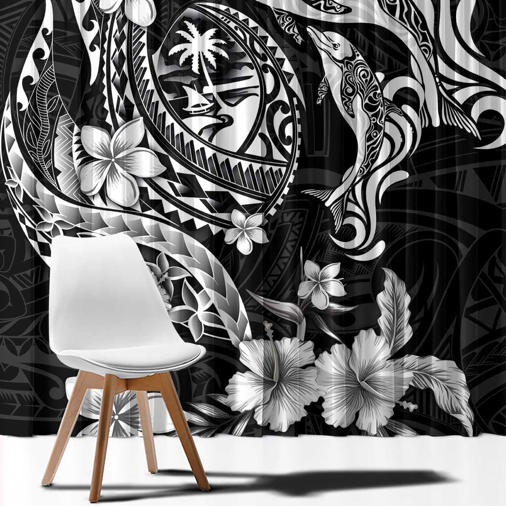 Guam Dolphins Tribal Tattoo Window Curtain Polynesian Art and Tropical Flower Grayscale LT03 - Polynesian Pride