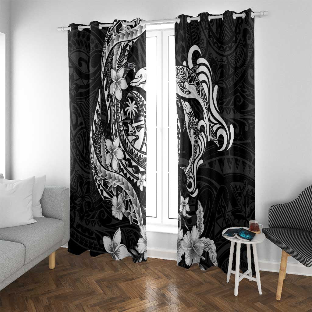 Guam Dolphins Tribal Tattoo Window Curtain Polynesian Art and Tropical Flower Grayscale LT03 With Grommets Black - Polynesian Pride