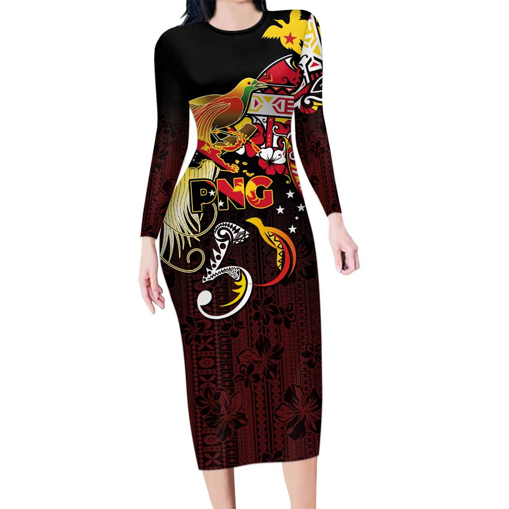 Papua New Guinea 2025 Long Sleeve Bodycon Dress 50th Independence Day Anniversary LT03 Long Dress Red - Polynesian Pride