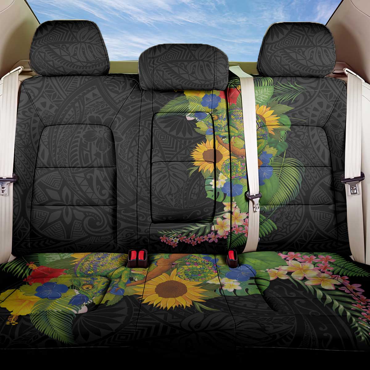 Hawaiian Tropical Plants and Chameleon Back Car Seat Cover Polynesian Art Colorful LT03 One Size Black - Polynesian Pride