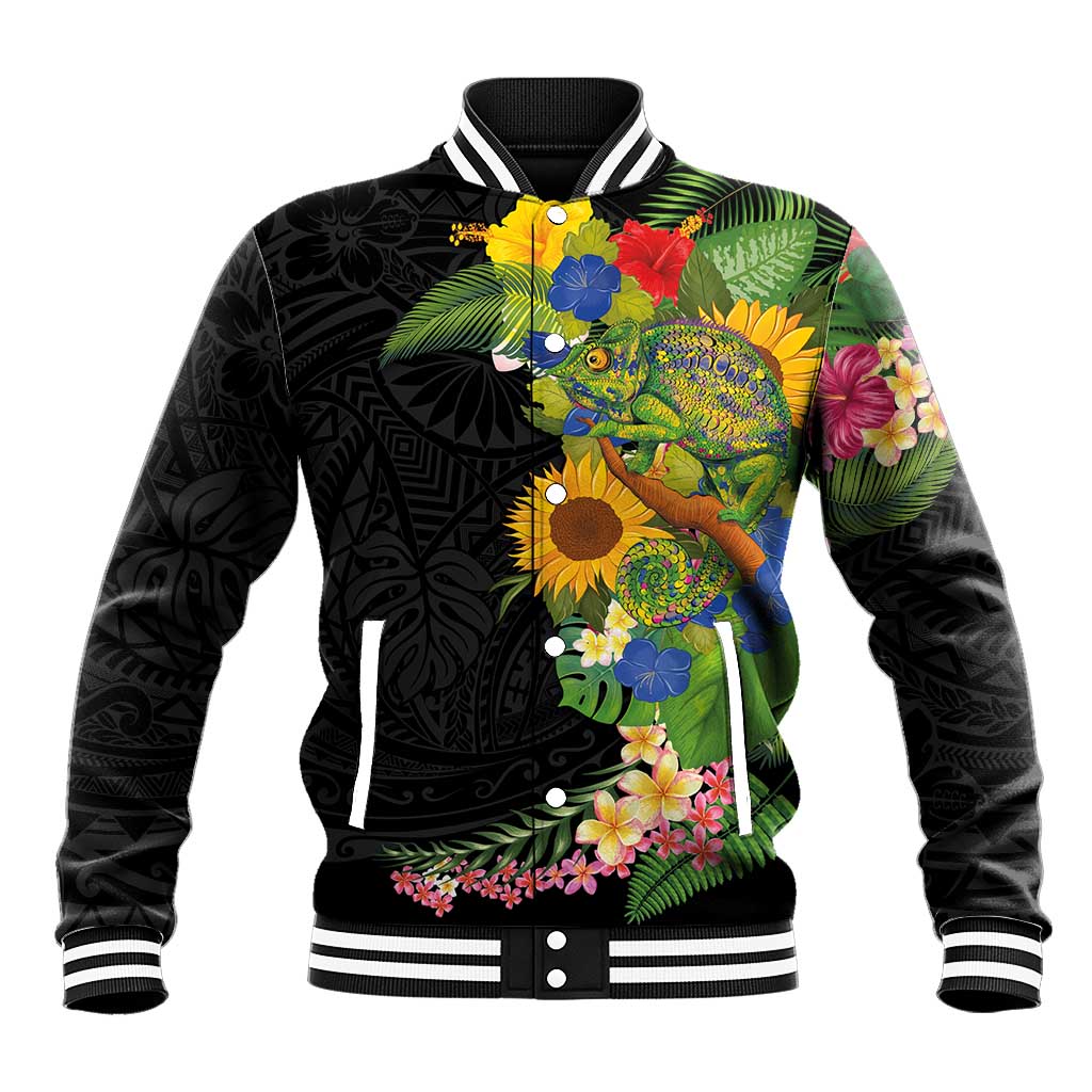 Hawaiian Tropical Plants and Chameleon Baseball Jacket Polynesian Art Colorful LT03 Unisex Black - Polynesian Pride