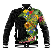 Hawaiian Tropical Plants and Chameleon Baseball Jacket Polynesian Art Colorful LT03 Unisex Black - Polynesian Pride