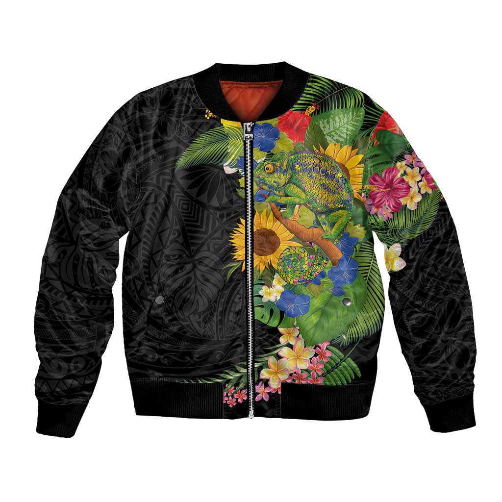 Hawaiian Tropical Plants and Chameleon Bomber Jacket Polynesian Art Colorful LT03 Unisex Black - Polynesian Pride