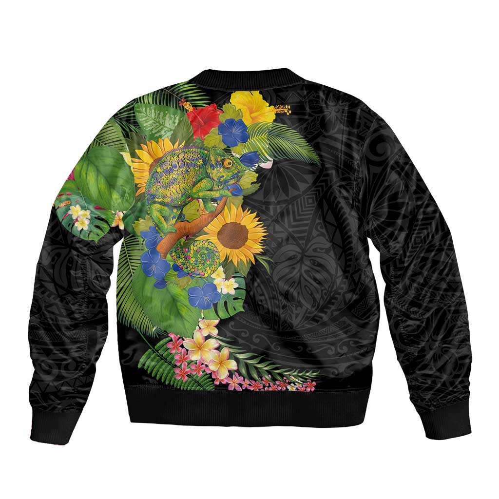 Hawaiian Tropical Plants and Chameleon Bomber Jacket Polynesian Art Colorful LT03 - Polynesian Pride