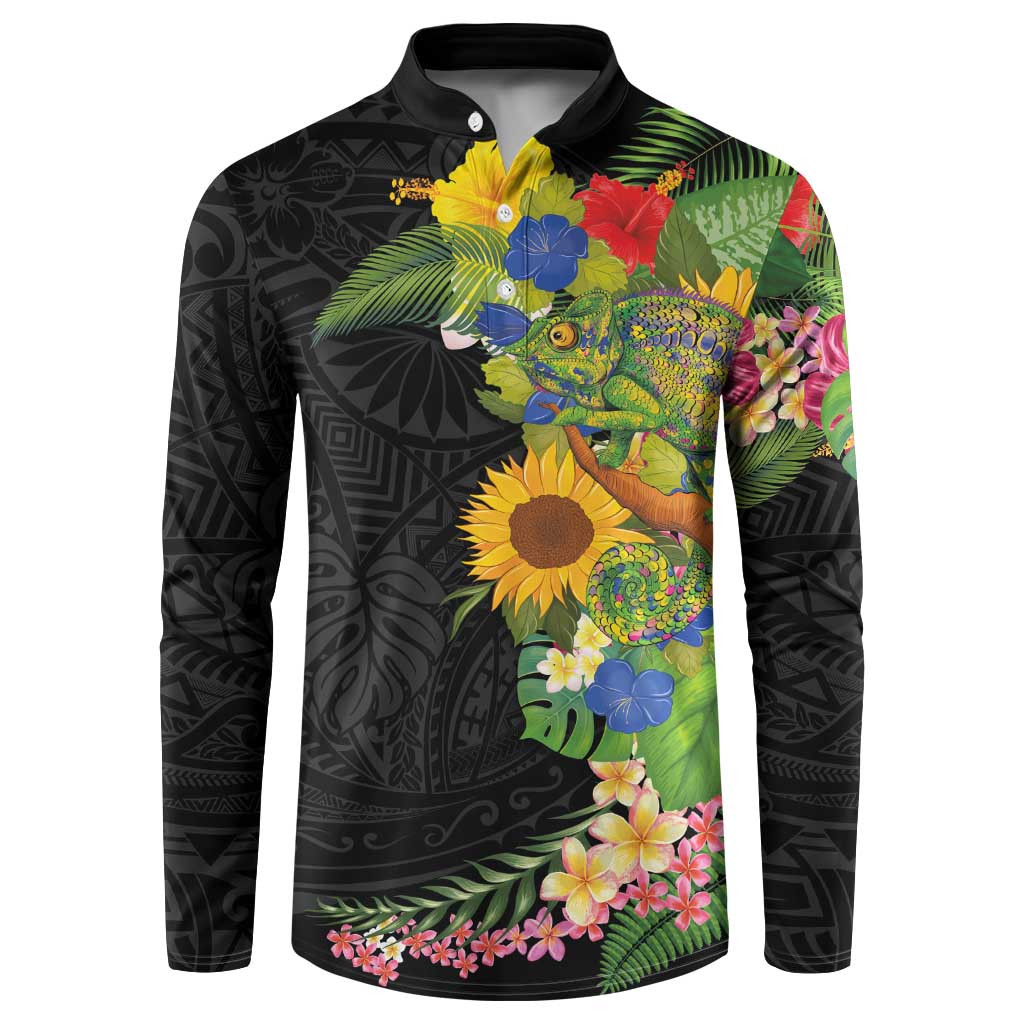 Hawaiian Tropical Plants and Chameleon Button Sweatshirt Polynesian Art Colorful LT03 Black - Polynesian Pride