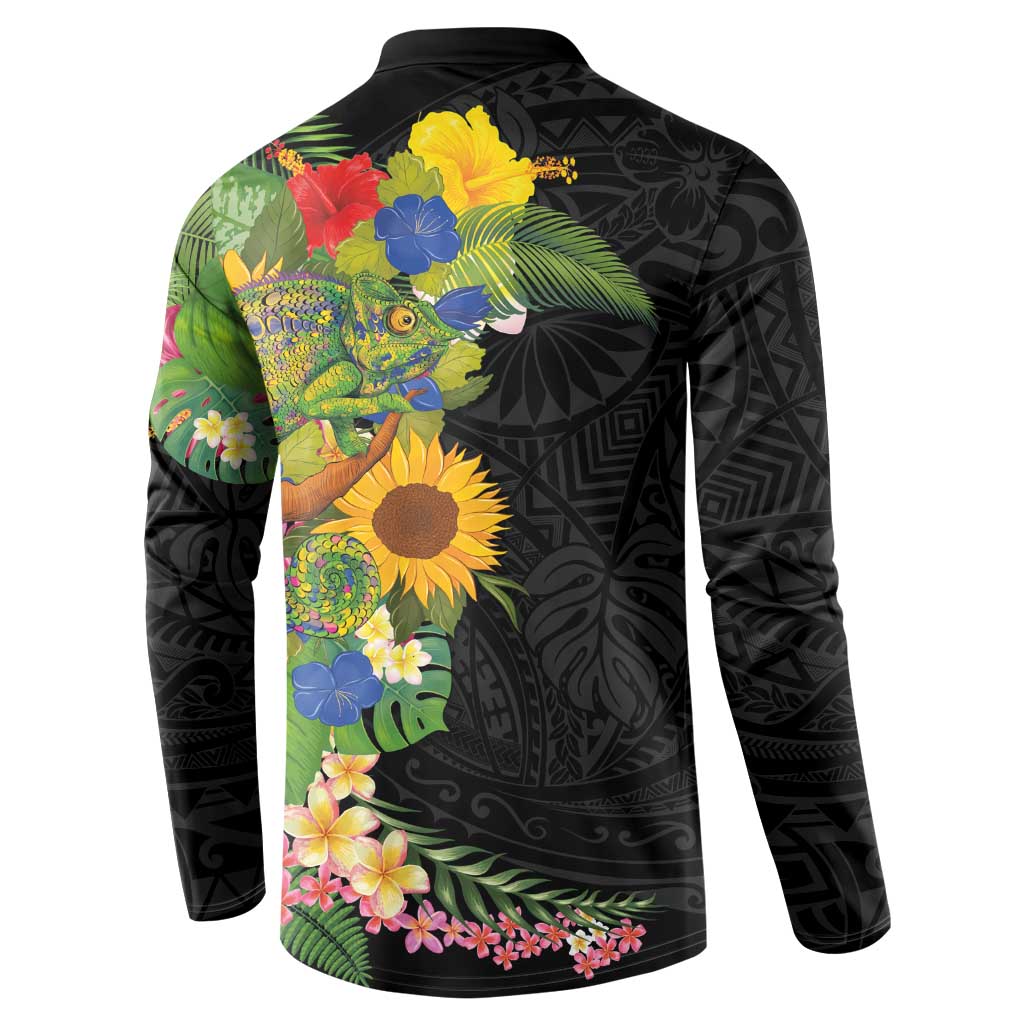 Hawaiian Tropical Plants and Chameleon Button Sweatshirt Polynesian Art Colorful LT03 - Polynesian Pride