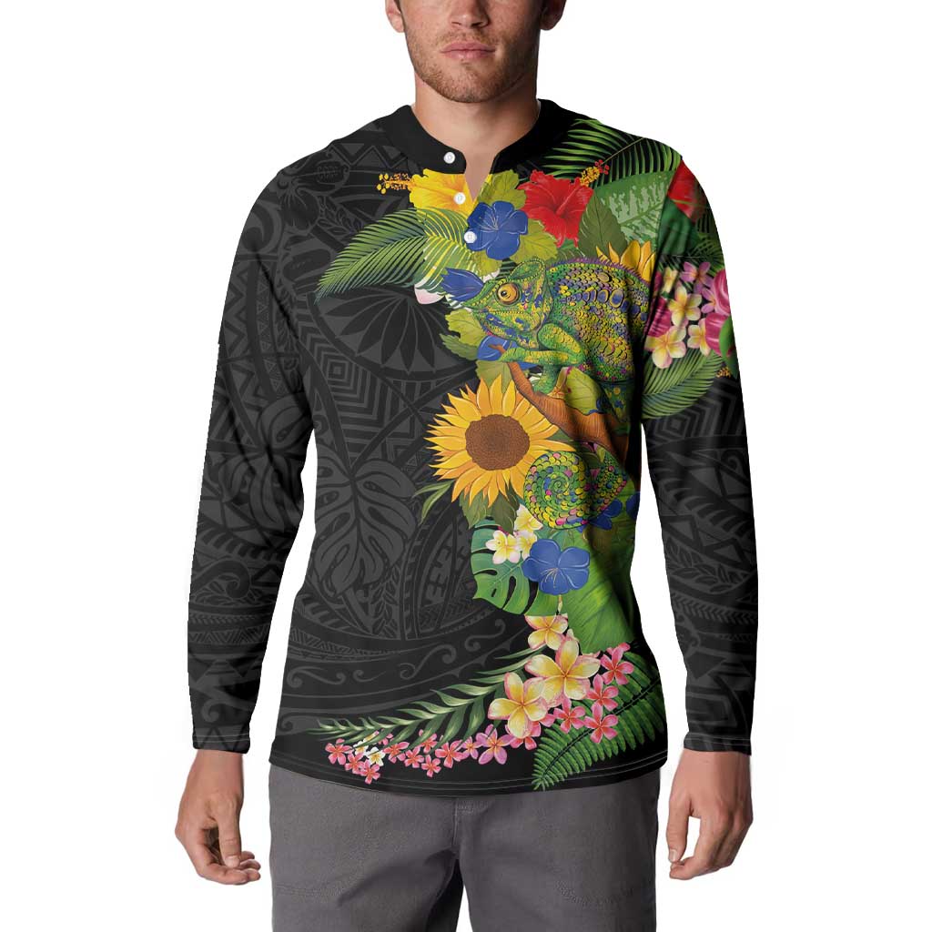 Hawaiian Tropical Plants and Chameleon Button Sweatshirt Polynesian Art Colorful LT03 - Polynesian Pride