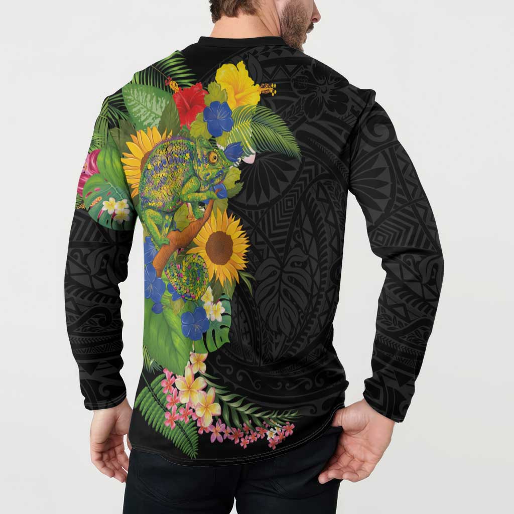 Hawaiian Tropical Plants and Chameleon Button Sweatshirt Polynesian Art Colorful LT03 - Polynesian Pride