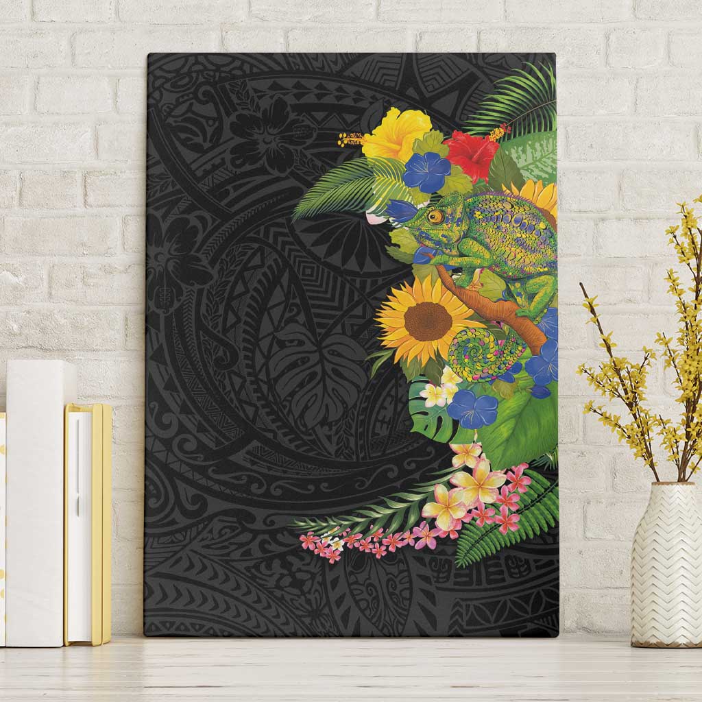 Hawaiian Tropical Plants and Chameleon Canvas Wall Art Polynesian Art Colorful LT03 Without Frame Black - Polynesian Pride