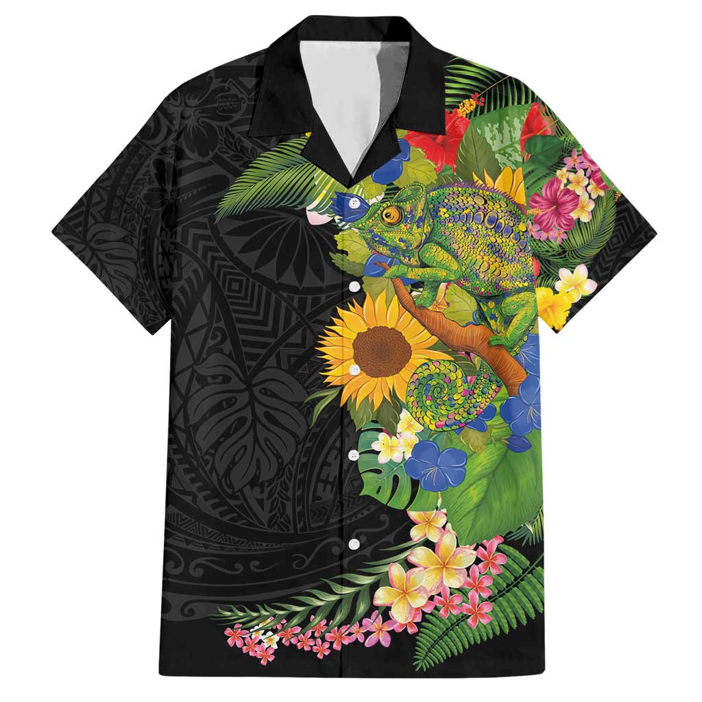Hawaiian Tropical Plants and Chameleon Hawaiian Shirt Polynesian Art Colorful LT03 Black - Polynesian Pride
