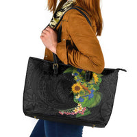 Hawaiian Tropical Plants and Chameleon Leather Tote Bag Polynesian Art Colorful LT03 Black - Polynesian Pride