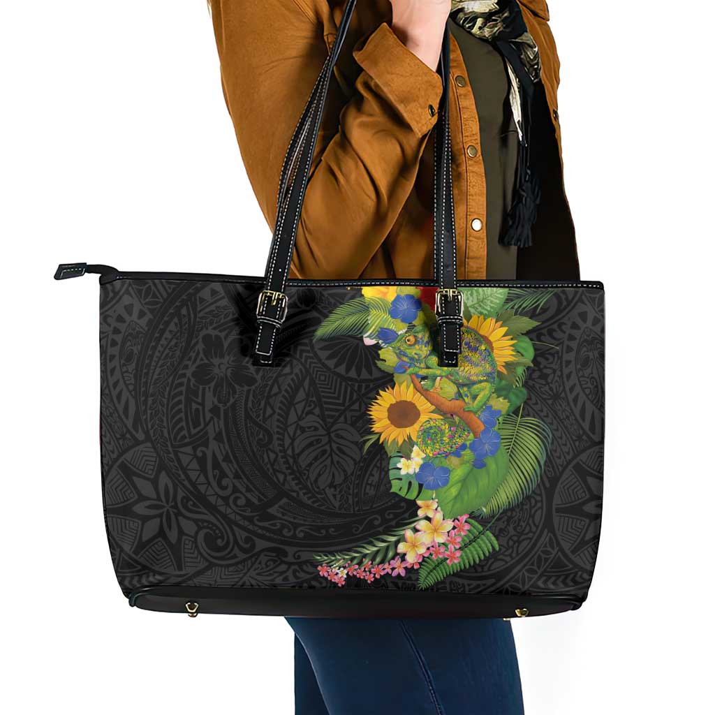 Hawaiian Tropical Plants and Chameleon Leather Tote Bag Polynesian Art Colorful LT03 - Polynesian Pride