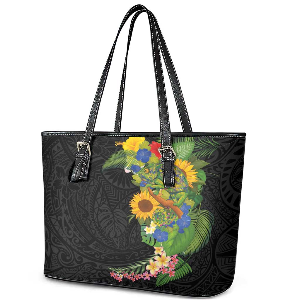 Hawaiian Tropical Plants and Chameleon Leather Tote Bag Polynesian Art Colorful LT03 - Polynesian Pride