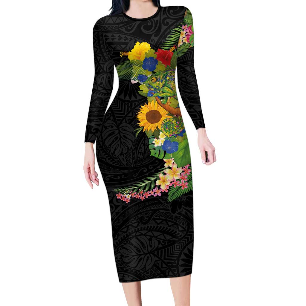 Hawaiian Tropical Plants and Chameleon Long Sleeve Bodycon Dress Polynesian Art Colorful LT03 Long Dress Black - Polynesian Pride