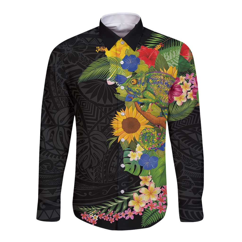 Hawaiian Tropical Plants and Chameleon Long Sleeve Button Shirt Polynesian Art Colorful LT03 Unisex Black - Polynesian Pride