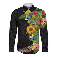 Hawaiian Tropical Plants and Chameleon Long Sleeve Button Shirt Polynesian Art Colorful LT03 Unisex Black - Polynesian Pride