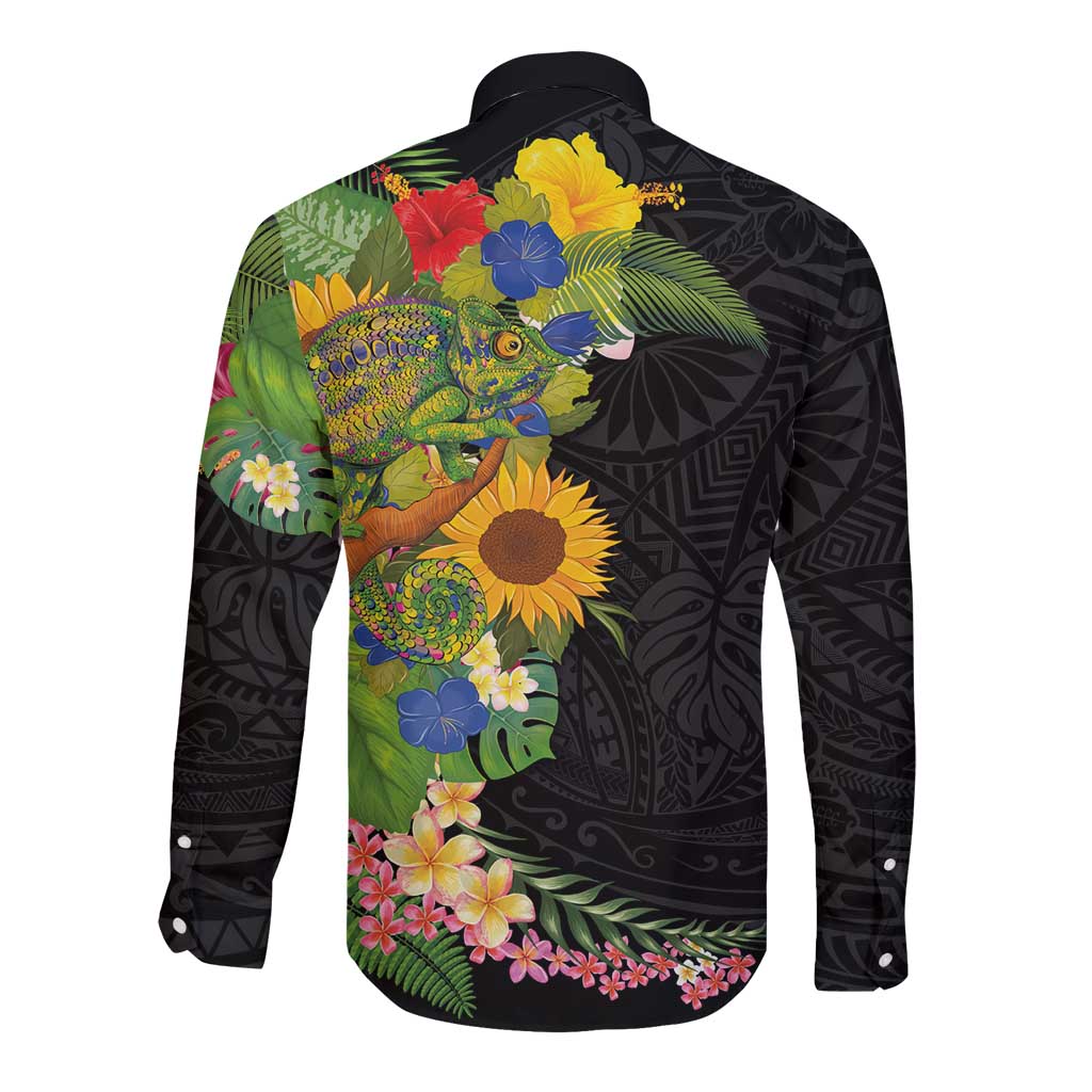 Hawaiian Tropical Plants and Chameleon Long Sleeve Button Shirt Polynesian Art Colorful LT03 - Polynesian Pride