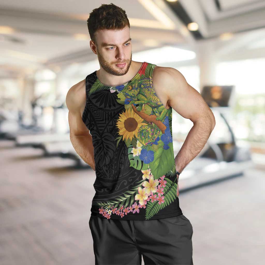 Hawaiian Tropical Plants and Chameleon Men Tank Top Polynesian Art Colorful LT03 Black - Polynesian Pride