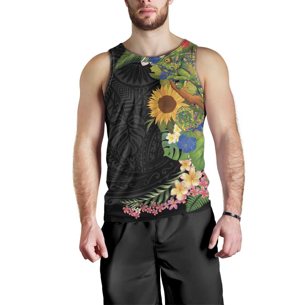 Hawaiian Tropical Plants and Chameleon Men Tank Top Polynesian Art Colorful LT03 - Polynesian Pride