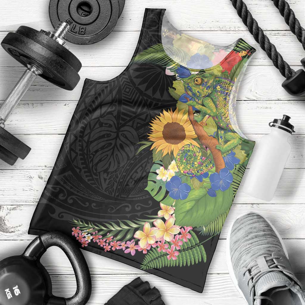 Hawaiian Tropical Plants and Chameleon Men Tank Top Polynesian Art Colorful LT03 - Polynesian Pride
