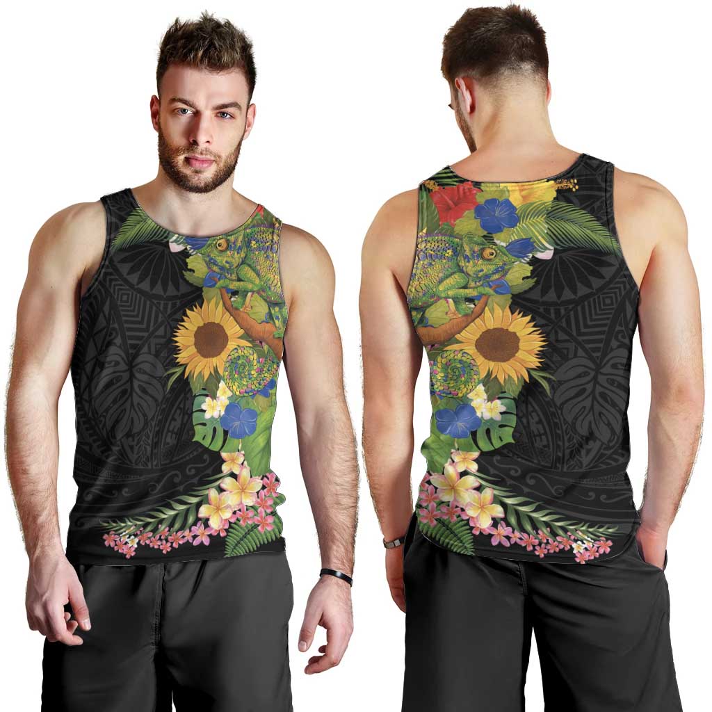 Hawaiian Tropical Plants and Chameleon Men Tank Top Polynesian Art Colorful LT03 - Polynesian Pride