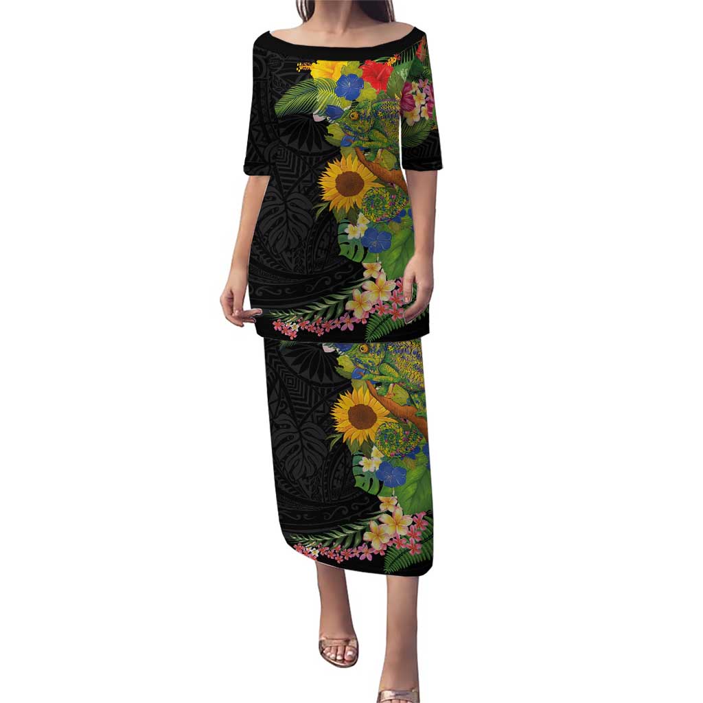 Hawaiian Tropical Plants and Chameleon Puletasi Polynesian Art Colorful LT03 Long Dress Black - Polynesian Pride