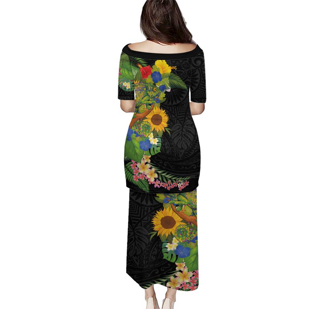 Hawaiian Tropical Plants and Chameleon Puletasi Polynesian Art Colorful LT03 - Polynesian Pride