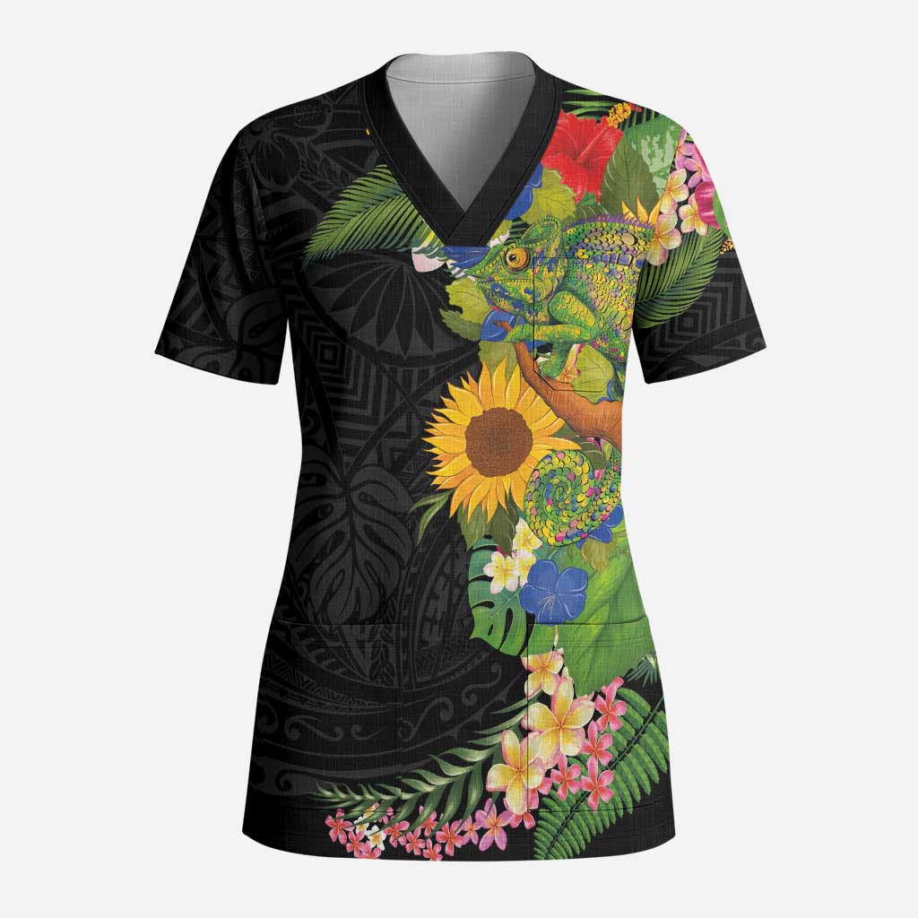 Hawaiian Tropical Plants and Chameleon Scrub Top Polynesian Art Colorful LT03 Adult Black - Polynesian Pride