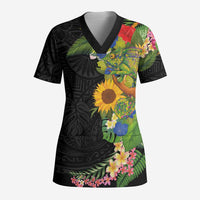 Hawaiian Tropical Plants and Chameleon Scrub Top Polynesian Art Colorful LT03 Adult Black - Polynesian Pride
