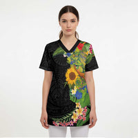 Hawaiian Tropical Plants and Chameleon Scrub Top Polynesian Art Colorful LT03 - Polynesian Pride