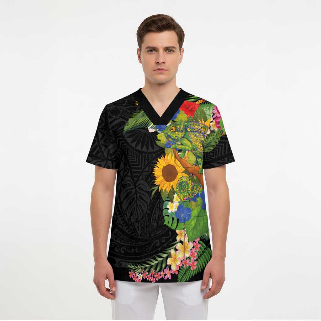 Hawaiian Tropical Plants and Chameleon Scrub Top Polynesian Art Colorful LT03 - Polynesian Pride