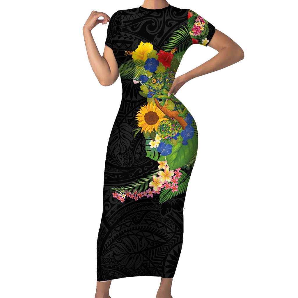 Hawaiian Tropical Plants and Chameleon Short Sleeve Bodycon Dress Polynesian Art Colorful LT03 Long Dress Black - Polynesian Pride