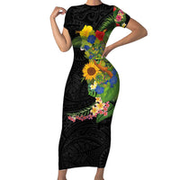 Hawaiian Tropical Plants and Chameleon Short Sleeve Bodycon Dress Polynesian Art Colorful LT03 Long Dress Black - Polynesian Pride