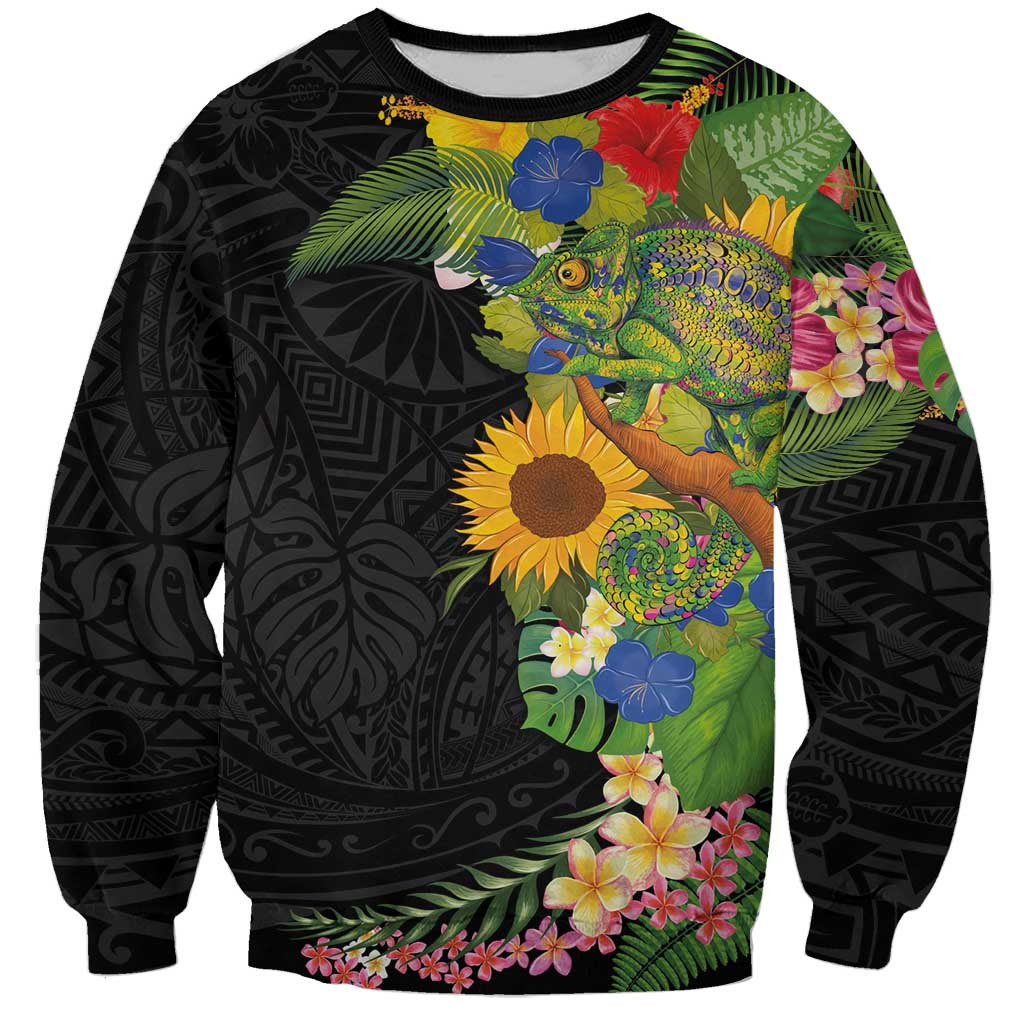 Hawaiian Tropical Plants and Chameleon Sweatshirt Polynesian Art Colorful LT03 Unisex Black - Polynesian Pride