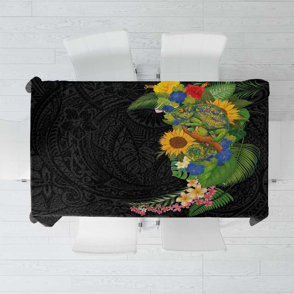 Hawaiian Tropical Plants and Chameleon Tablecloth Polynesian Art Colorful LT03 Black - Polynesian Pride