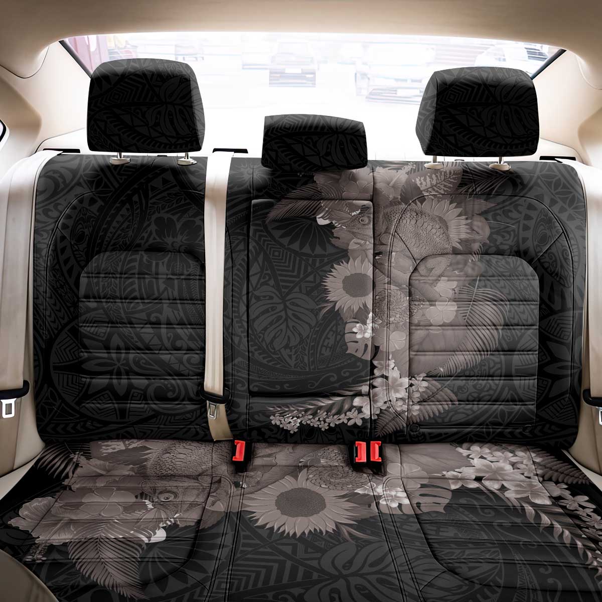 Hawaiian Tropical Plants and Chameleon Back Car Seat Cover Polynesian Art Grayscale LT03 - Polynesian Pride