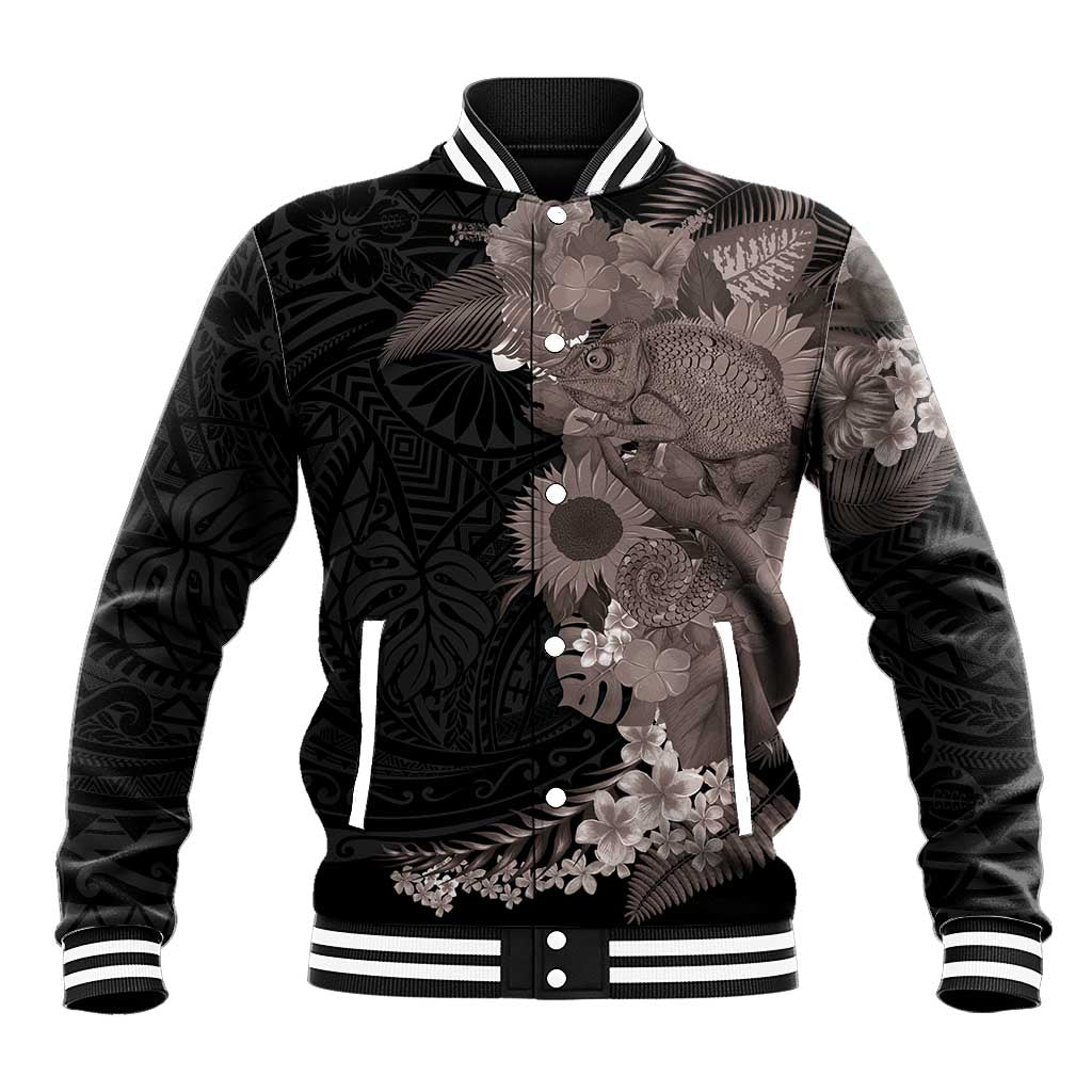 Hawaiian Tropical Plants and Chameleon Baseball Jacket Polynesian Art Grayscale LT03 Unisex Black - Polynesian Pride