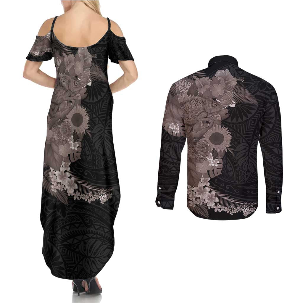 Hawaiian Tropical Plants and Chameleon Couples Matching Summer Maxi Dress and Long Sleeve Button Shirt Polynesian Art Grayscale LT03 - Polynesian Pride
