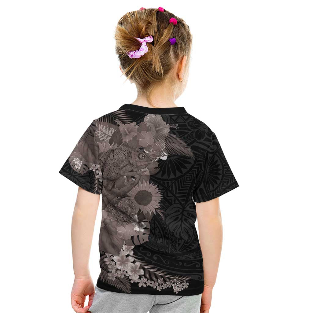 Hawaiian Tropical Plants and Chameleon Kid T Shirt Polynesian Art Grayscale LT03 - Polynesian Pride