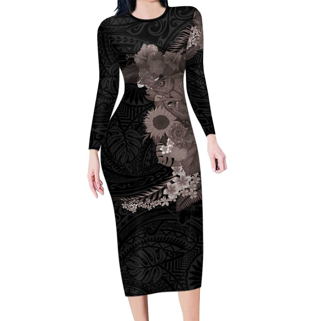 Hawaiian Tropical Plants and Chameleon Long Sleeve Bodycon Dress Polynesian Art Grayscale LT03 Long Dress Black - Polynesian Pride