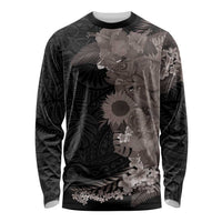 Hawaiian Tropical Plants and Chameleon Long Sleeve Shirt Polynesian Art Grayscale LT03 Unisex Black - Polynesian Pride