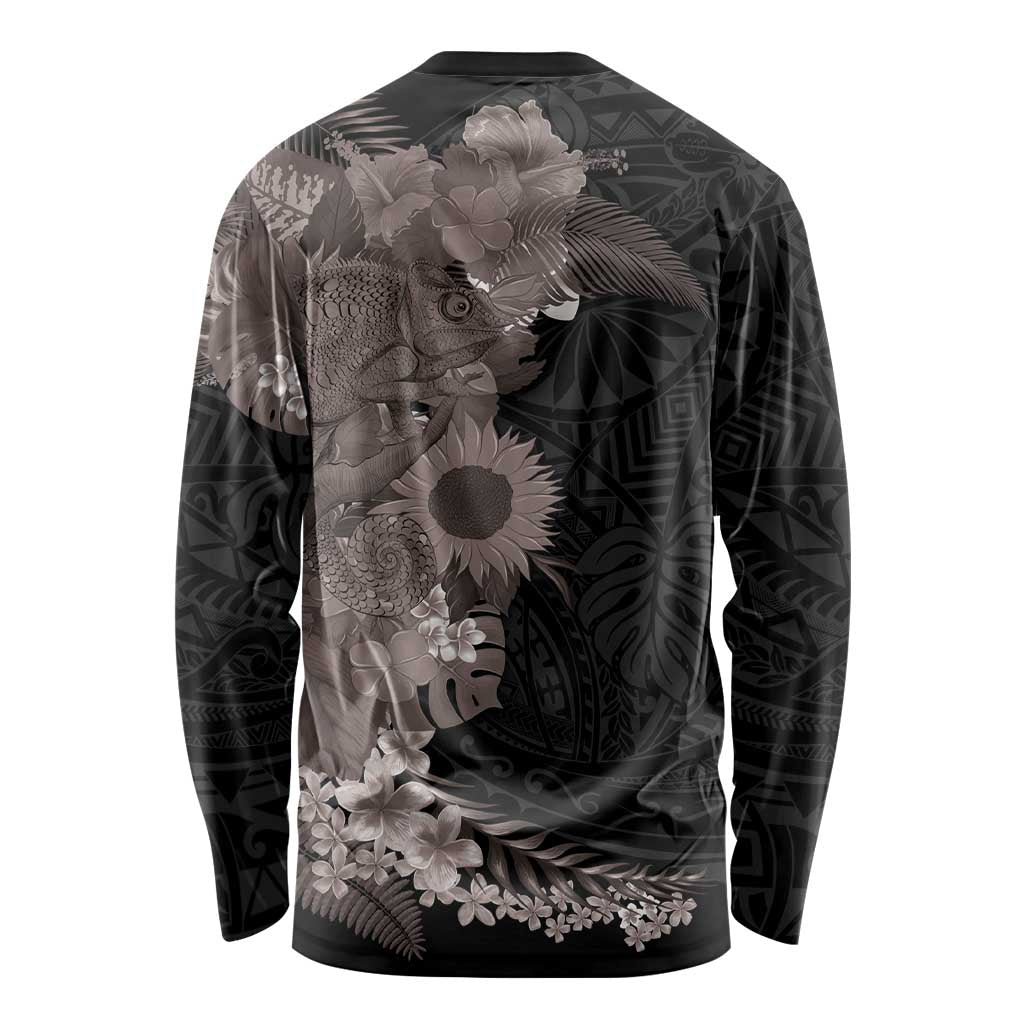 Hawaiian Tropical Plants and Chameleon Long Sleeve Shirt Polynesian Art Grayscale LT03 - Polynesian Pride